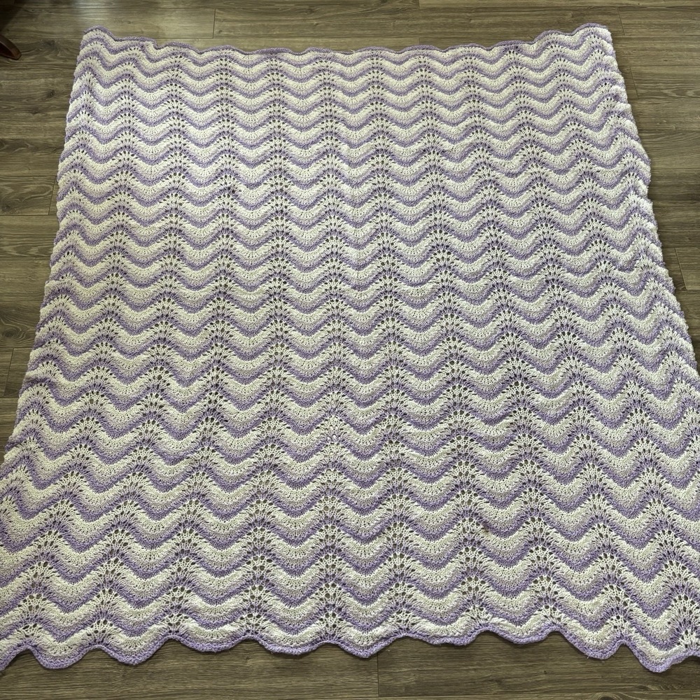 Handmade Crochet Afghan Blanket 67x70" Purple White Lace Throw Vintage Boho VTG‎